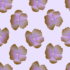 Seamless floral pattern with nasturtium. Hibiscus flowers background. Botanical Motifs scattered random. Texture for fashion print. Beautiful exotic plant. Vector illustration. Pink and purple colors.
