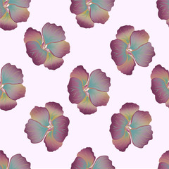 Seamless wild floral pattern with nasturtium. Hibiscus flowers background. Botanical Motifs scattered random. Texture for fashion print. Beautiful exotic plant. Vector illustration. Pink colors.