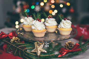 Beautiful christmas cupcakes with curd cream, cranberries and spruce branches on top on the glass...