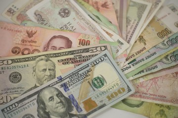 A collection of international currencies. Dollar bill, Bank note. Money Exchange Finance Business concept.