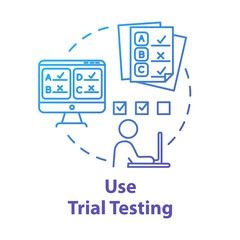 Use trial testing concept icon. Passing online test. Check knowledge and level of training. Entrance examination idea thin line illustration. Vector isolated outline drawing