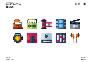 10 Icon collection of Multimedia in flat style. vector illustration and editable stroke. Isolated on white background.