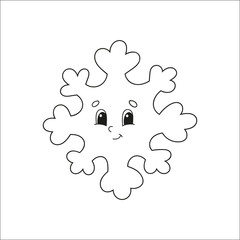 Snowflake is smiling. Coloring book for kids. Cheerful character. Vector illustration. Cute cartoon style. Fantasy page for children. Black contour silhouette. Isolated on white background.