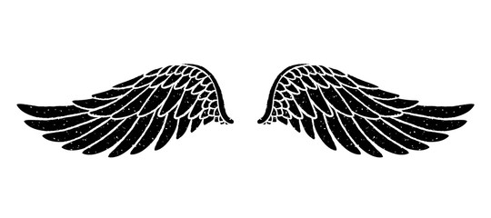 Hand drawn bird or angel grunge textured flapping wings. Hand drawn wings silhouette for t-shirt prints, tatoo design, vintage styled poster. - 310706809