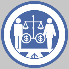 Gender relations in financial matters. Male and female symbols on the scales, flat style, graphic drawing.
