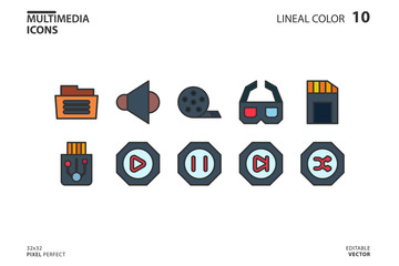 Icon collection of Multimedia in lineal color style. vector illustration and editable stroke. Isolated on white background.
