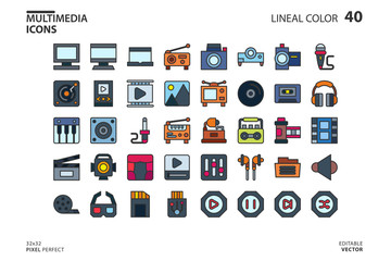 Icon collection of Multimedia in lineal color style. vector illustration and editable stroke. Isolated on white background.
