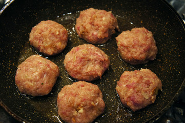 Raw meat cutlets rissole meatballs of minced pork in a pan.