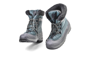 off-road boots insulated for the cold season, high shin, lacing, anti-slip corrugated reinforced sole for travel and winter fishing isolate