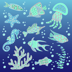 Vector set of hand drawn abstract sea fish on blue background
