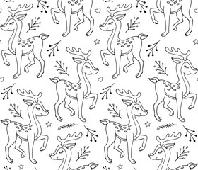 Vector seamless pattern of black outline hand drawn doodle sketch deer isolated on white background