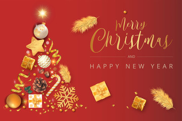 Fototapeta na wymiar Bannière ou carte Dorée sur fond rouge merry christmas – cadeaux – boules – flocons – paillettes - étoile - sapinette - Candy