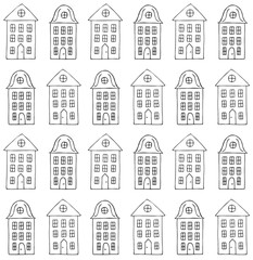 Vector seamless pattern of hand drawn doodle sketch Scandinavian city house isolated on white background