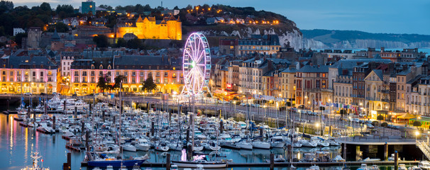 Europe, France, Normandy, Dieppe skyline pano dusk - obrazy, fototapety, plakaty