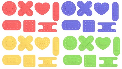 Adhesive bandages set in different shape isolated on white background, different colors. Adhesive plasters.