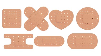Adhesive bandages set in different shape isolated on white background. Adhesive plasters.