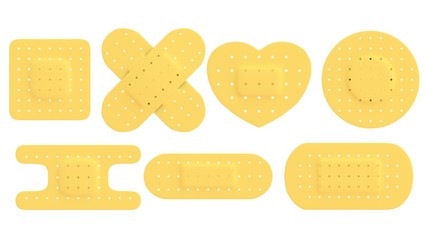 Adhesive bandages set in different shape isolated on white background, yellow. Adhesive plasters.