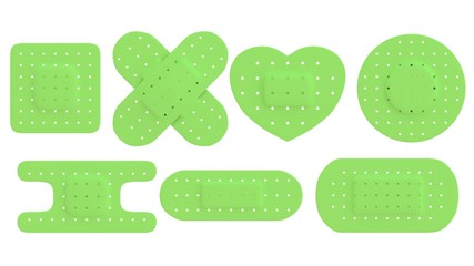 Adhesive bandages set in different shape isolated on white background, green. Adhesive plasters.