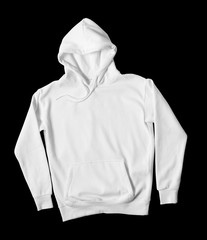 Blank white hoodie sweatshirt front view on black background.