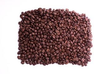 Pile of coffee beans  on a square shape on a white background