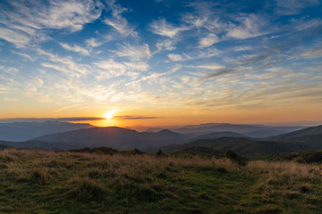 Sunset view from Max Patch bald over the Great Smoky Mountains