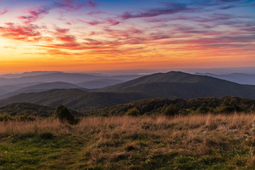 Fototapeta na wymiar View from Max Patch bald over the Great Smoky Mountains at sunset