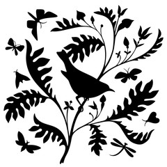Black silhouette of a bird on a tree bough isolated on white. Nature motif. with butterflies and bird. Vintage style. 