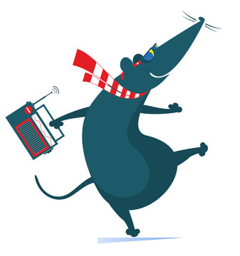 recommend clip art: Cartoon rat or mouse dances and listens the radio  isolated illustration. Funny rat or mouse holds a radio and dances isolated on white