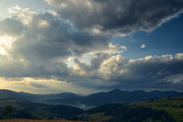 Sunset in carpathian mountains - beautiful summer landscape, spruces on hills, dark cloudy sky and bright sun light, meadow and wildflowers