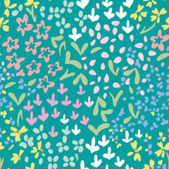 Vector abstract floral seamless pattern with daisies and meadow flowers. Simple fantasy plants made of buds and leaves. Glade of small flowers. Flat doodle background for textile, fabric, fashion.