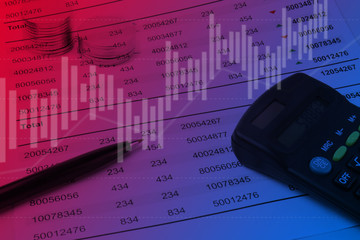 Financial concept background. Statement, Calculator and pen. Gradient manipulate with image