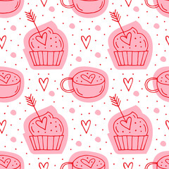 Muffins, arrows and cups with hearts vector doodle seamless pattern, background. Hand drawn St. Valentine`s Day pattern. 