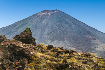 Panoramic picture of Mount Ngauruhoe in the Tongariro National Park on northern island of New Zealand in summer