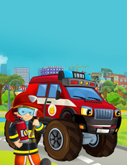 cartoon scene with fireman vehicle on the road - illustration for children