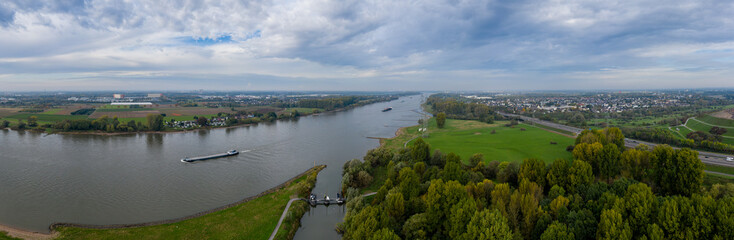 Fototapeta na wymiar Panoramic view on the Rhine at Leverkusen. Aerial photography by drone.