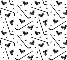Vector seamless pattern of black flat hockey ice skates and sticks isolated on white background