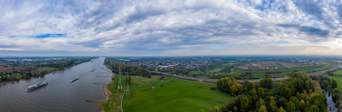Panoramic view on riverboats on the Rhine. Aerial photography by drone.