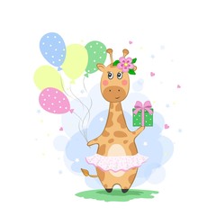 Vector illustration of cute giraffe with gift and balls,isolated on white background. Children's print on clothes, greeting card, party invitation.