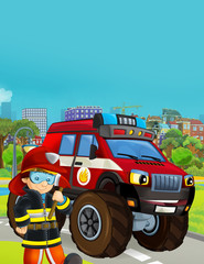 cartoon scene with fireman vehicle on the road - illustration for children