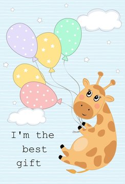 Vector illustration of a cute giraffe hanging on balls. Children's print on clothes, greeting card, party invitation.