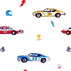 Racing cars seamless pattern. Hand-drawn muscle cars with isolated equipment and tools for racing. Pen graphic. Racing sport illustration. Backround for boys.