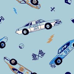 Racing cars seamless pattern. Hand-drawn muscle cars with isolated equipment and tools for racing. Pen graphic. Racing sport illustration. Backround for boys.