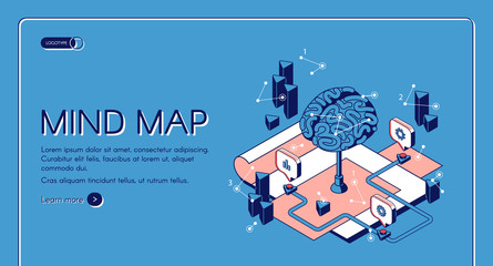 Obraz premium Mind map isometric landing page, human brain and graphical way to represent ideas and concepts, visual thinking tool that help structuring information, 3d vector illustration, line art web banner