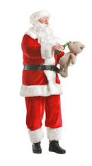 Funny drunk Santa Claus with toy bear on white background