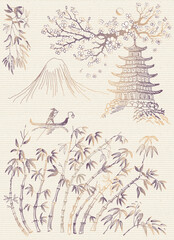 Vector set of hand drawn sketches in Japanese and Chinese nature ink illustration sumi-e tradition on aged rice paper texture. Bamboo stalks, leaves, mountain, boat, blooming sakura flowers 