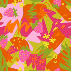 Cutout flowers, berries, leaves with geometrical shape and doodles. Abstract flat botanical seamless pattern. Collage made of floral paper cut shapes. For textile, fabric, wallpaper, wrapper.