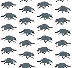 Vector seamless pattern of colored hand drawn doodle sketch raccoon isolated on white background