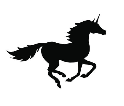 Vector black running unicorn silhouette isolated on white background
