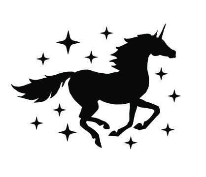 Vector black unicorn silhouette with stars isolated on white background