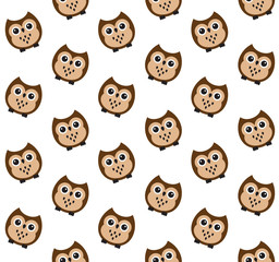 Vector seamless pattern of flat cartoon brown owl isolated on white background 